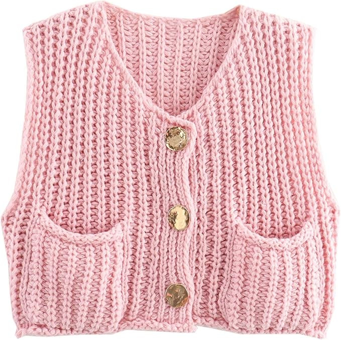 Flygo Womens Crop Knit Vest Top Chunky Crochet Button Cardigan Sweater Vests Sleeveless 2024 Fall... | Amazon (US)