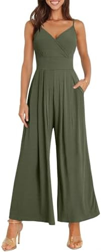 ANRABESS Jumpsuits for Women 2026 Summer Dressy Spaghetti Strap Ribbed V Neck Wide Leg Overalls F... | Amazon (US)