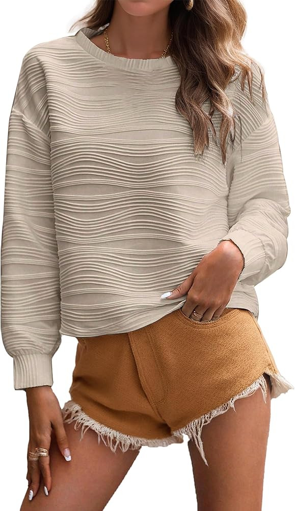 Womens Casual Sweatshirts Textured Long Sleeve Crewneck Loose Pullover Solid Color Trendy Fall Ou... | Amazon (US)