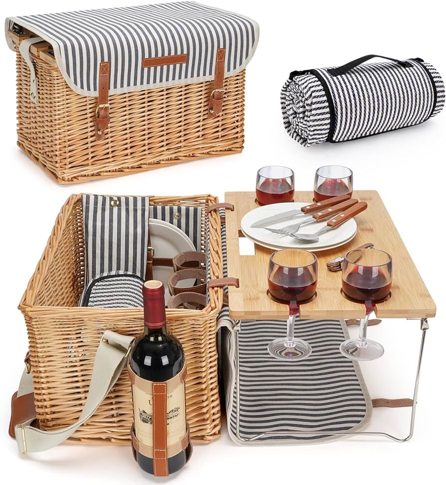 Wicker Picnic Basket for 4, 4 Person Picnic Kit, Willow Hamper Service Gift Set with Blanket Port... | Amazon (US)