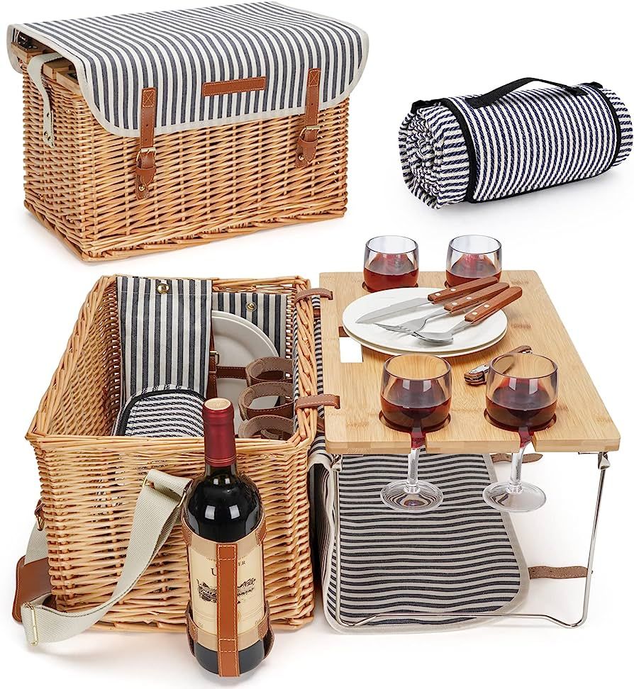 Wicker Picnic Basket for 4, 4 Person Picnic Kit, Willow Hamper Service Gift Set with Blanket Port... | Amazon (US)