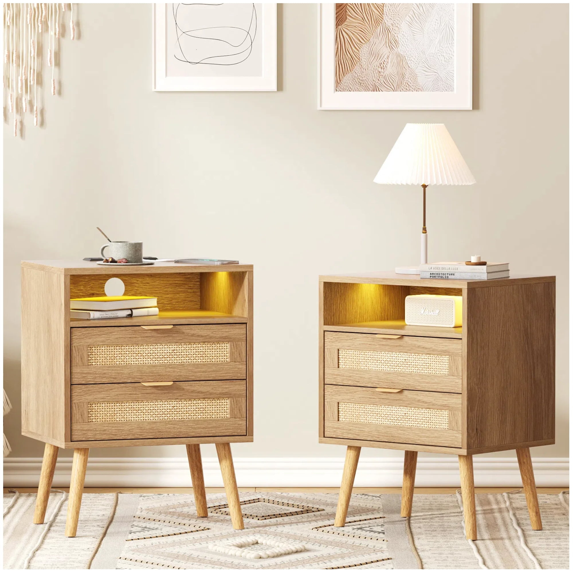 Vabches Rattan Nightstand Set of 2 with USB and 2 Drawers for Bedroom, Living Room | Walmart (US)