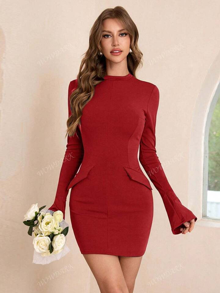 Solid Color Stand Collar Elegant Long Sleeve Bodycon Dress | SHEIN