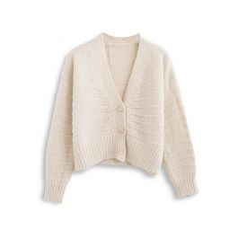 V-Neck Button Down Fuzzy Knit Cardigan in Cream | Chicwish