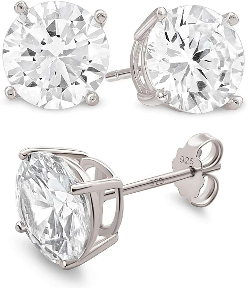 KEZEF Sterling Silver Stud Earrings for Women & Men - 4-Prong Setting Cubic Zirconia Earrings Stu... | Amazon (US)