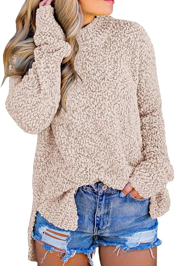 Imily Bela Womens Fuzzy Knitted Sweater Sherpa Fleece Side Slit Full Sleeve Jumper Outwears | Amazon (US)
