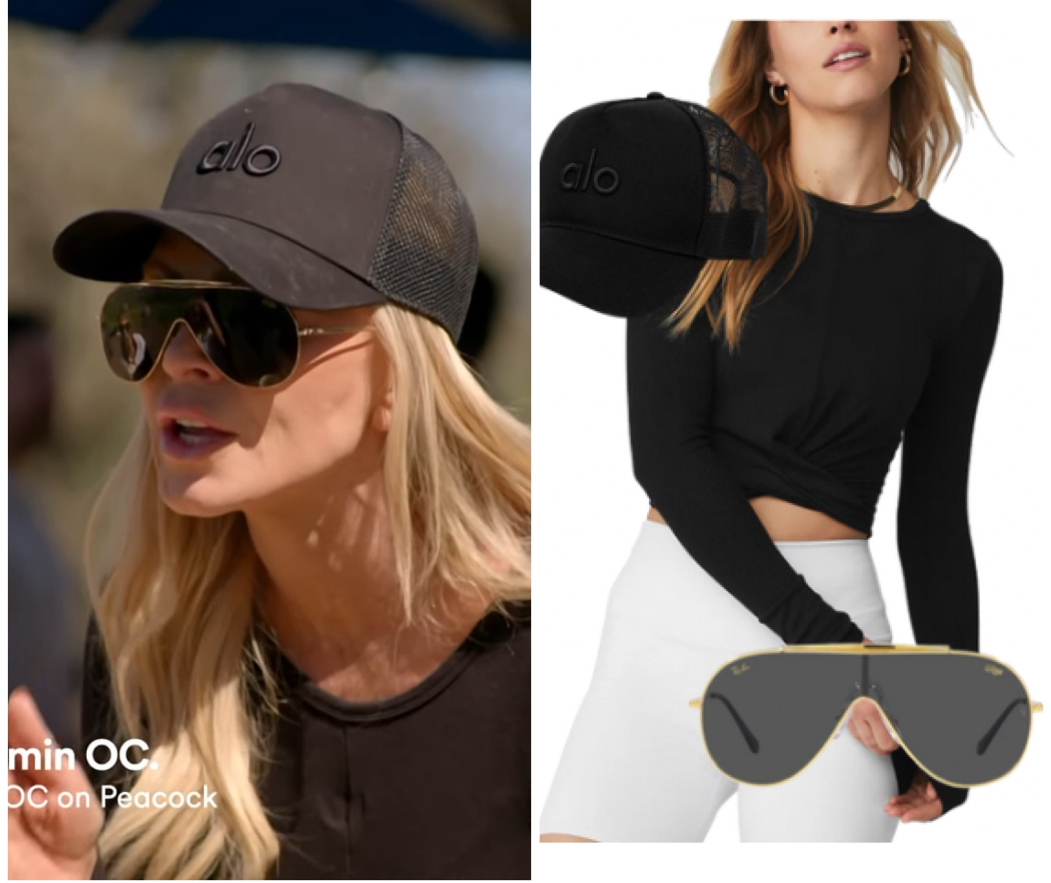 Tamra Judge’s Shield Sunglasses, Black Twist Top and Black Alo Trucker Hat