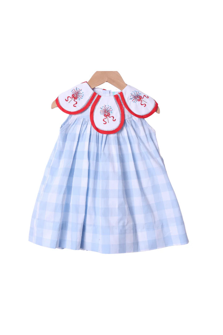 Embroidered Sparkler Blue Gingham Tulip Dress | The Smocked Flamingo
