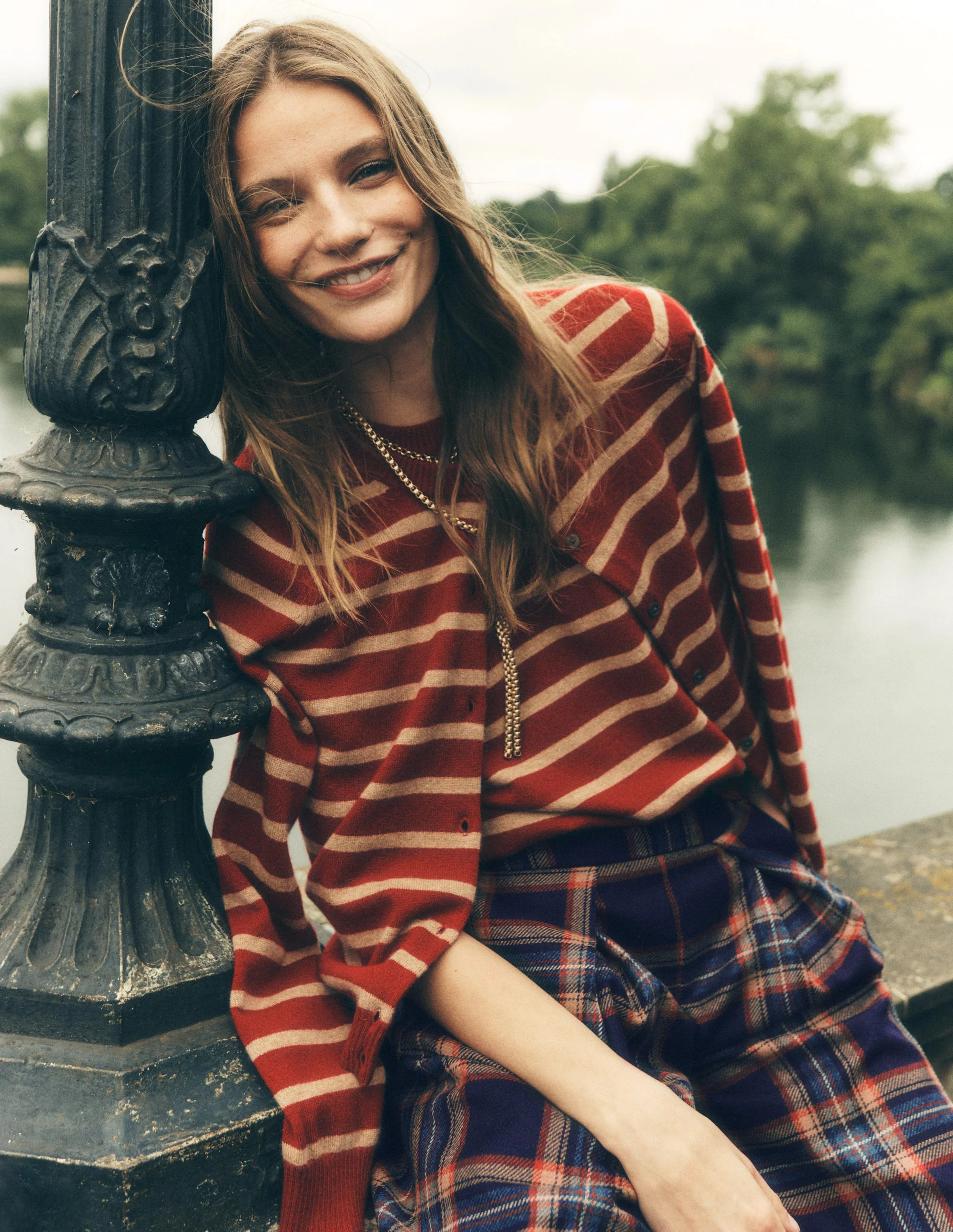 Elsie Cashmere Crew Cardigan-Poppy Red, Camel Stripe | Boden (US)