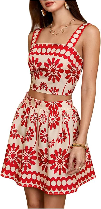 Floerns Women's Two Piece Outfit Tropical Crop Cami Top and Summer Skirts Set | Amazon (US)