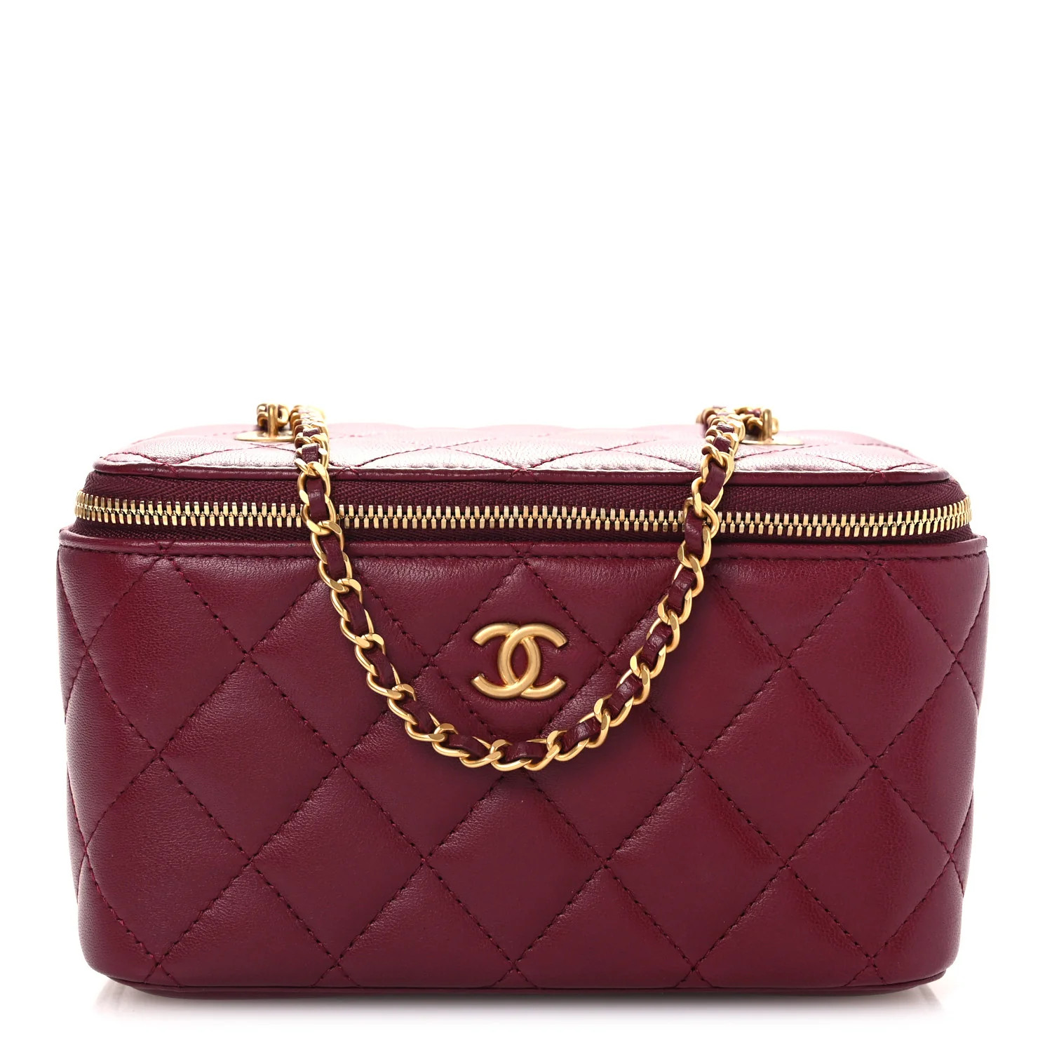 Lambskin Enamel Quilted Small Coco Hearts Vanity Case With Chain Burgundy | FASHIONPHILE (US)