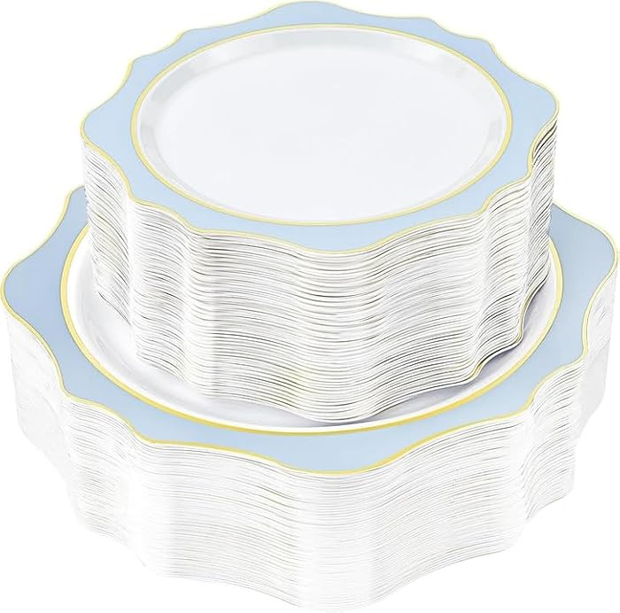 100Pcs White & Blue Plastic Plates for 50 Guests | Amazon (US)