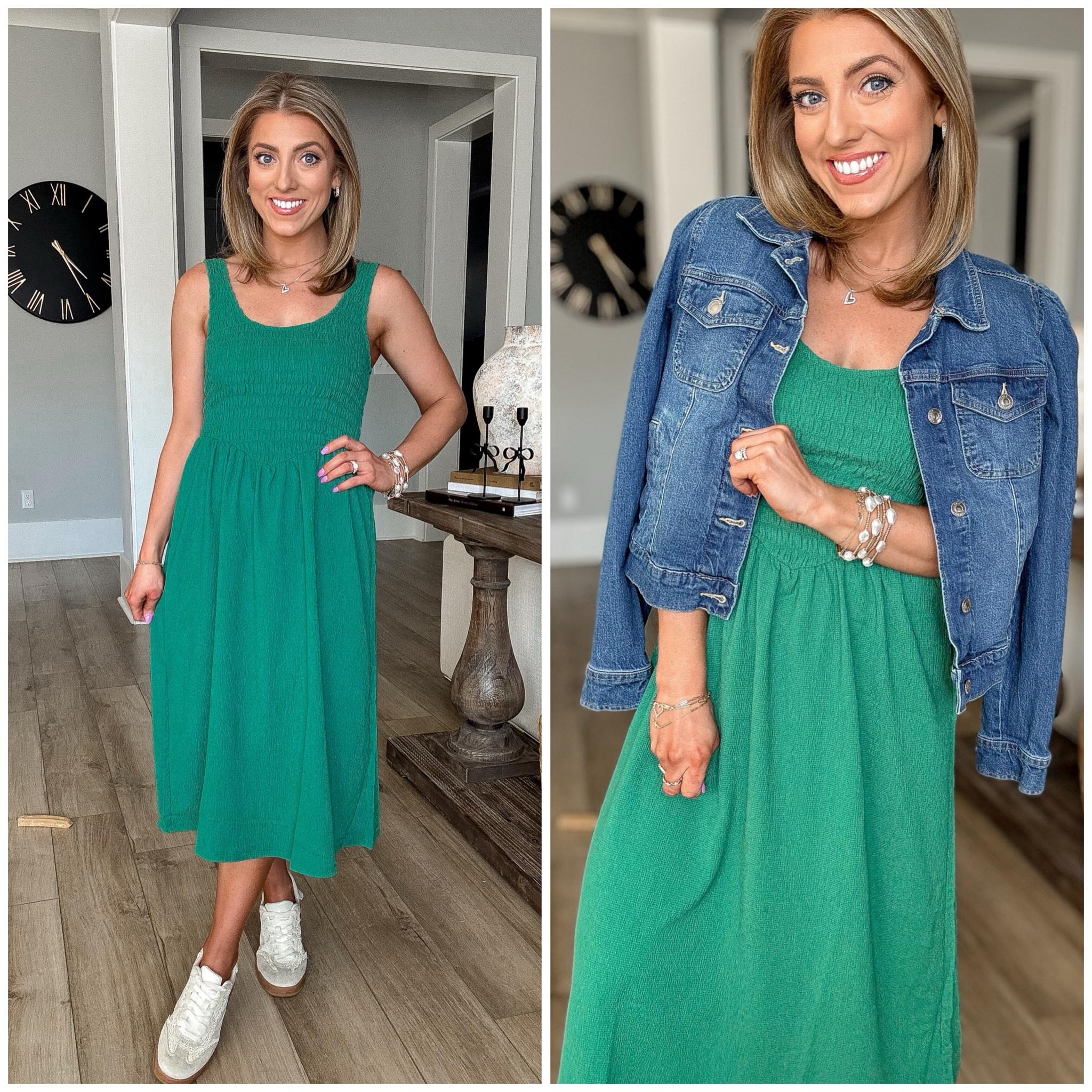 This green smocked midi dress is SO flattering 💚 The stretchy smocked bodice makes it comfortable while still giving shape, and the flowy skirt is perfect for spring and summer.

I love pairing it with a classic denim jacket for layering and white sneakers for an everyday casual look.

Perfect for vacation outfits, teacher outfits, spring events, or mom life on the go.

✨ Stretchy smocked top
✨ Flowy midi length
✨ Easy one-and-done outfit

#oldnavyfinds #smockeddress #mididress #springdress #casualstyle #everydayoutfit #momfashion

#LTKootd #LTKSaleAlert #LTKPetite