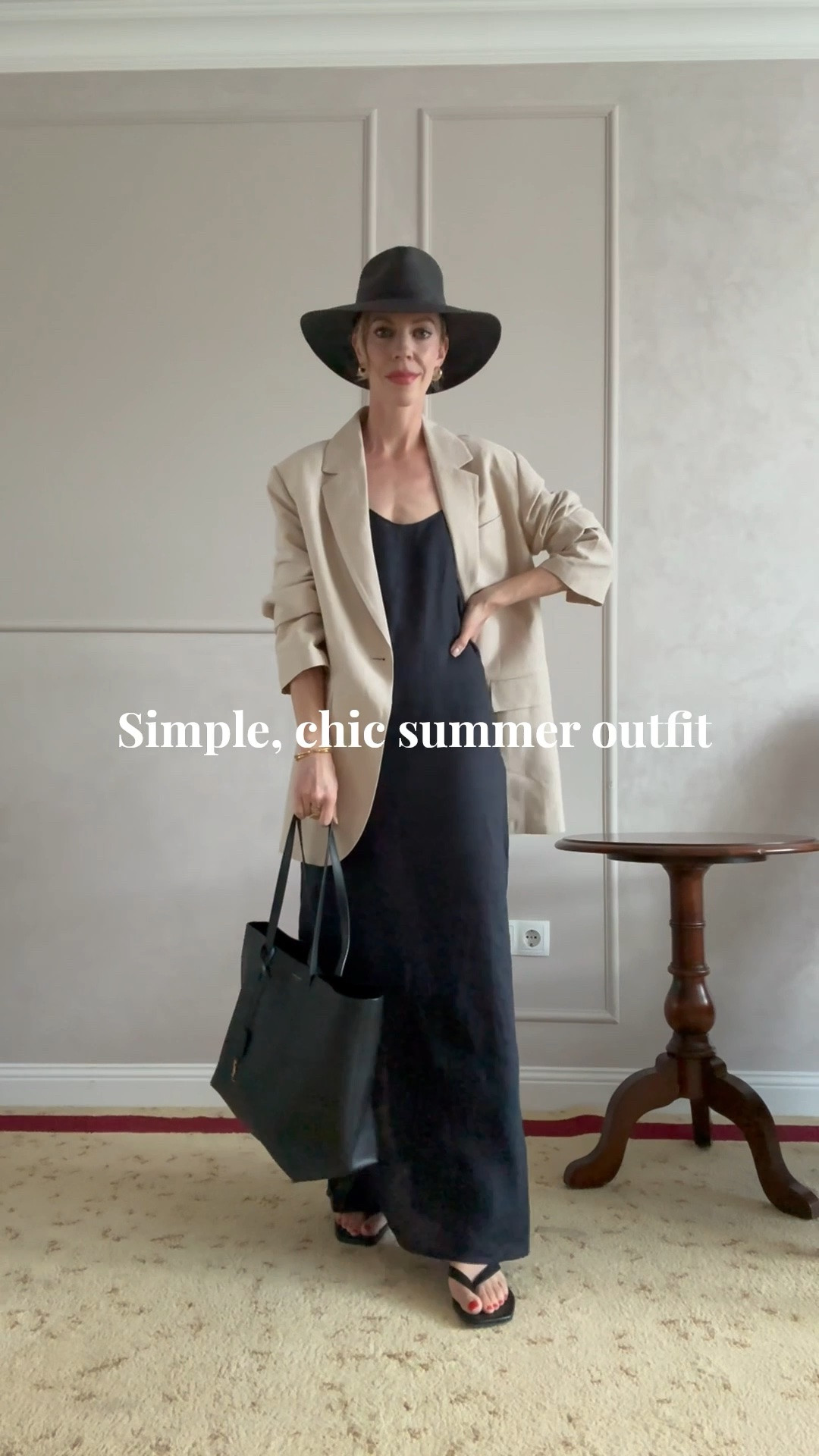 Simple and chic summer travel or date night outfit idea - linen dress, linen blazer, kitten heel thong sandals, black straw hat @Janessa Leone

#LTKTravel #LTKgrwm #LTKOver40
