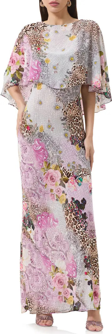 Izel Mix Print Maxi Slip Dress with Removable Cape | Nordstrom