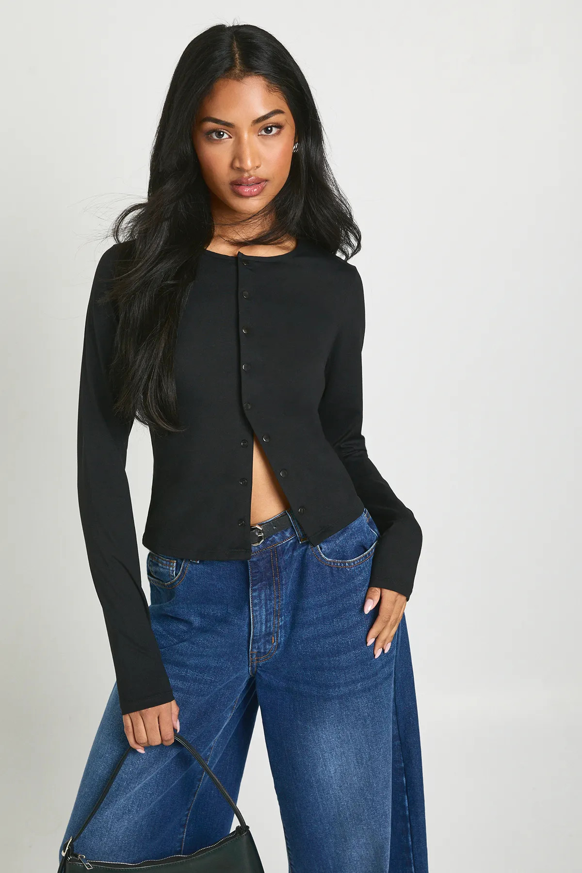 Peached Sculpt Popper Through Long Sleeve Top | Boohoo.com (UK & IE)