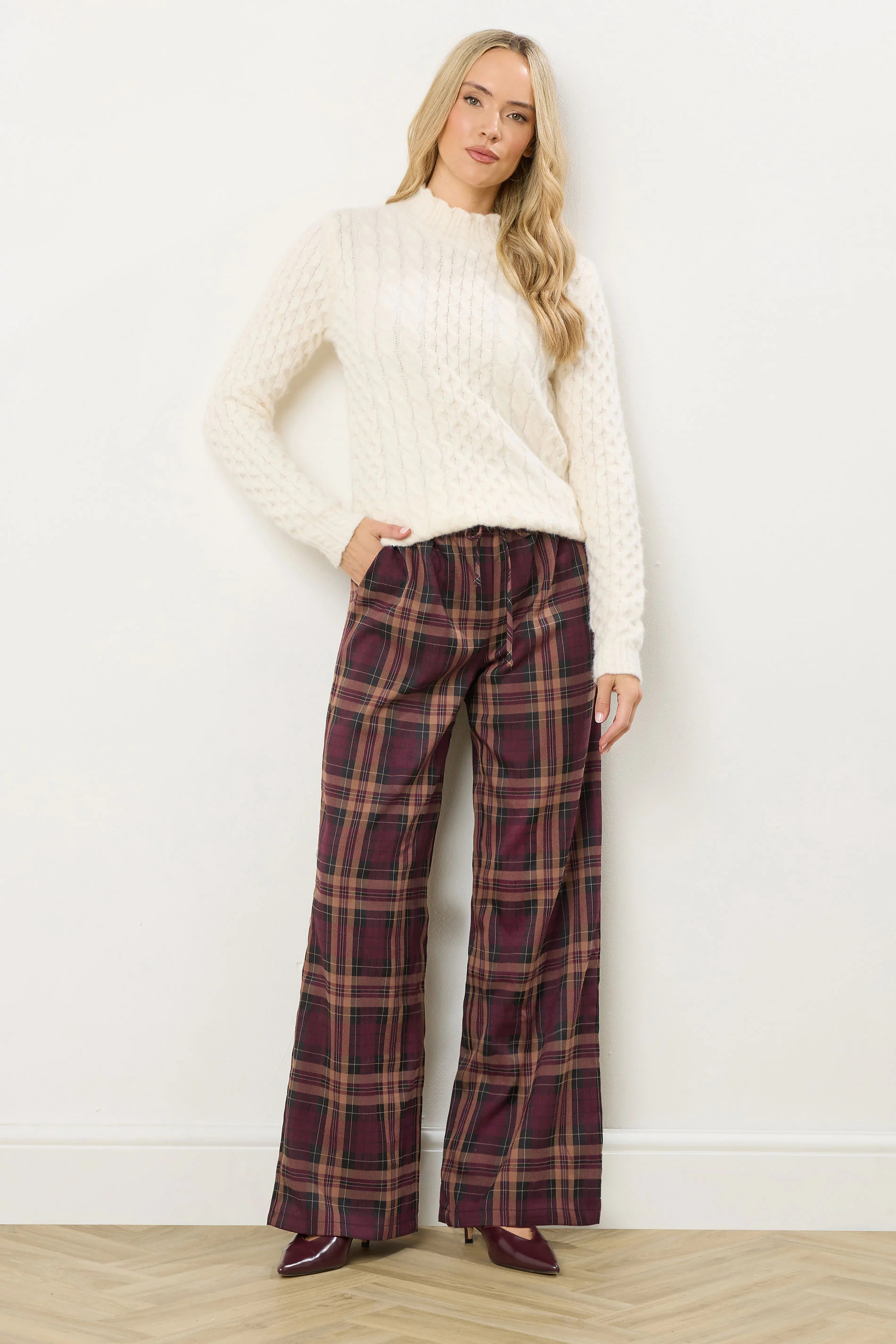 LTS Tall Burgundy Red Checked Wide Leg Trousers | Long Tall Sally