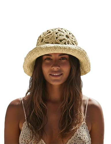 Mazilk Womens Crochet Straw Bucket Hat Packable Wide Brim Handmade Beach Sun Hat for Summer Travel Vacation(Beige,One Size) | Amazon (US)