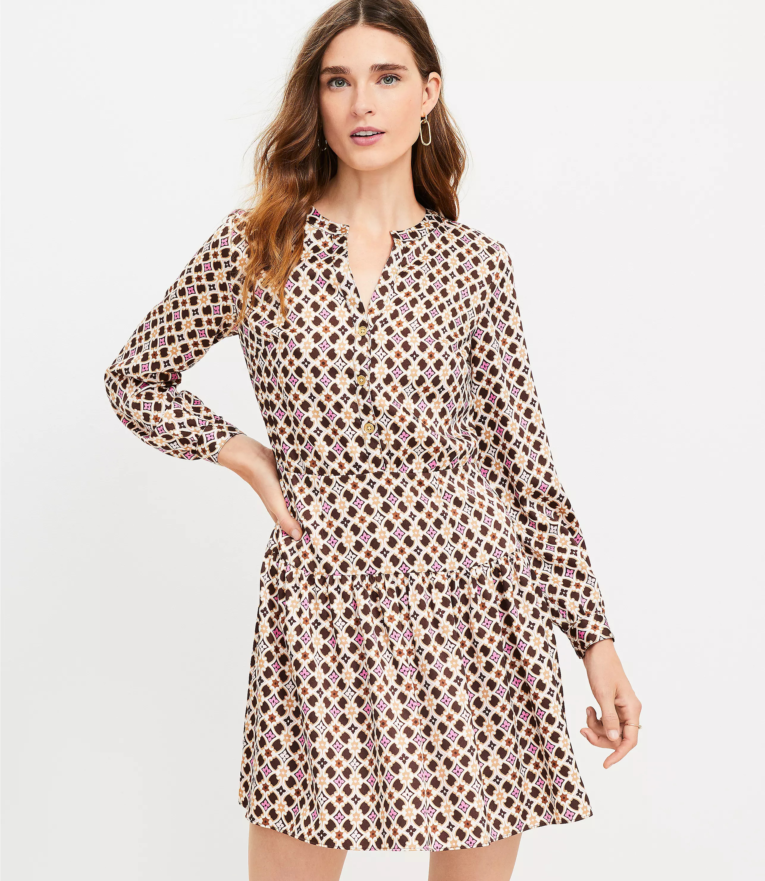 Geo Split Neck Flare Dress | LOFT