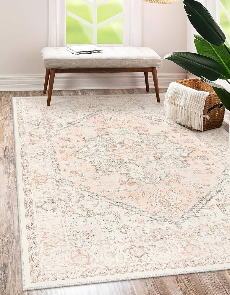 LIVEBOX Pink Area Rug 5x7 - Large Oriental Floral Living Room Rug Vintage Non-Slip Indoor Rug Aes... | Amazon (US)