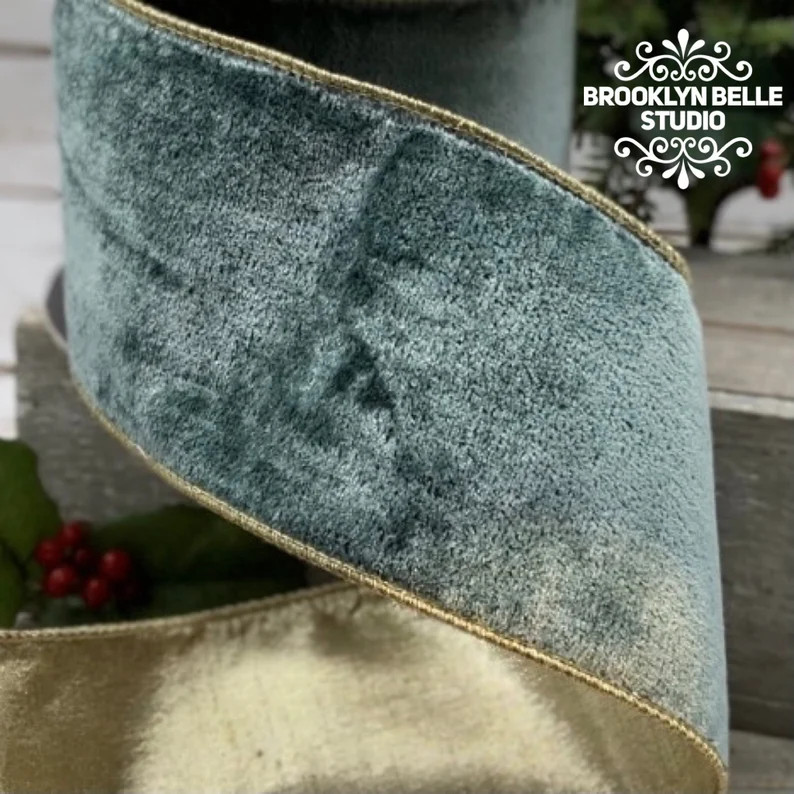 Celadon VELVET Ribbon • Gold Trim Ribbon • 10 yards x 1 inch wired d. stevens ribbon | Etsy (US)