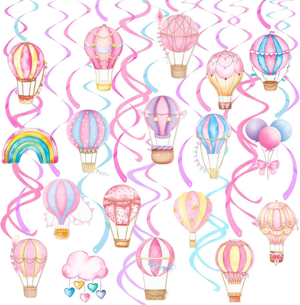 Pink Hot Air Balloon Party Hanging Swirls 20Pcs Hot Air Balloon Birthday Decorations Girl Travel ... | Amazon (US)