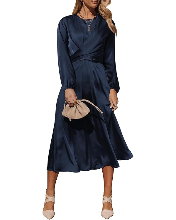 PRETTYGARDEN Women's Fall Fashion 2023 Long Sleeve Satin Dress Tie Back Casual Flowy Midi Dresses | Amazon (US)