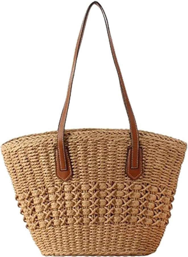Womens Straw Tote Handbag - Summer Beach Bag with Top Handle - Handwoven Shoulder Bag - 2024 | Amazon (US)