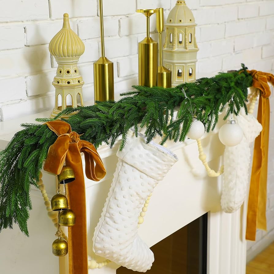 Amazon.com: Glitinsel 1 Pcs 60'' Christmas Norfolk Pine Garland with Khaki Velvet Ribbon Artifici... | Amazon (US)