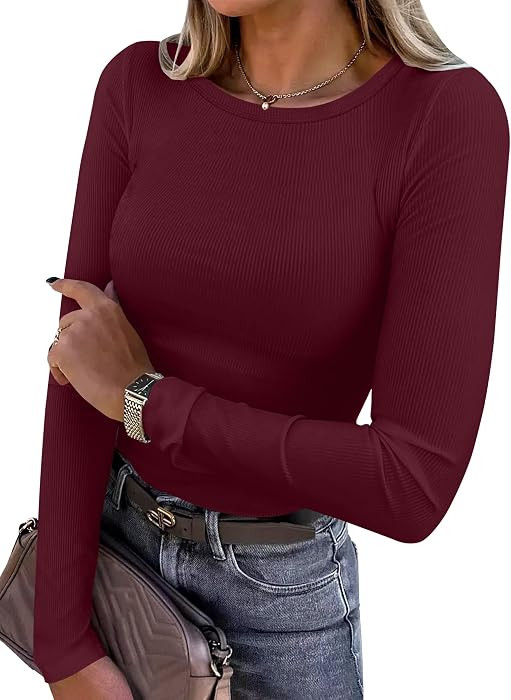 ANRABESS Women Long Sleeve Shirts Ribbed Fitted Tops | Amazon (US)