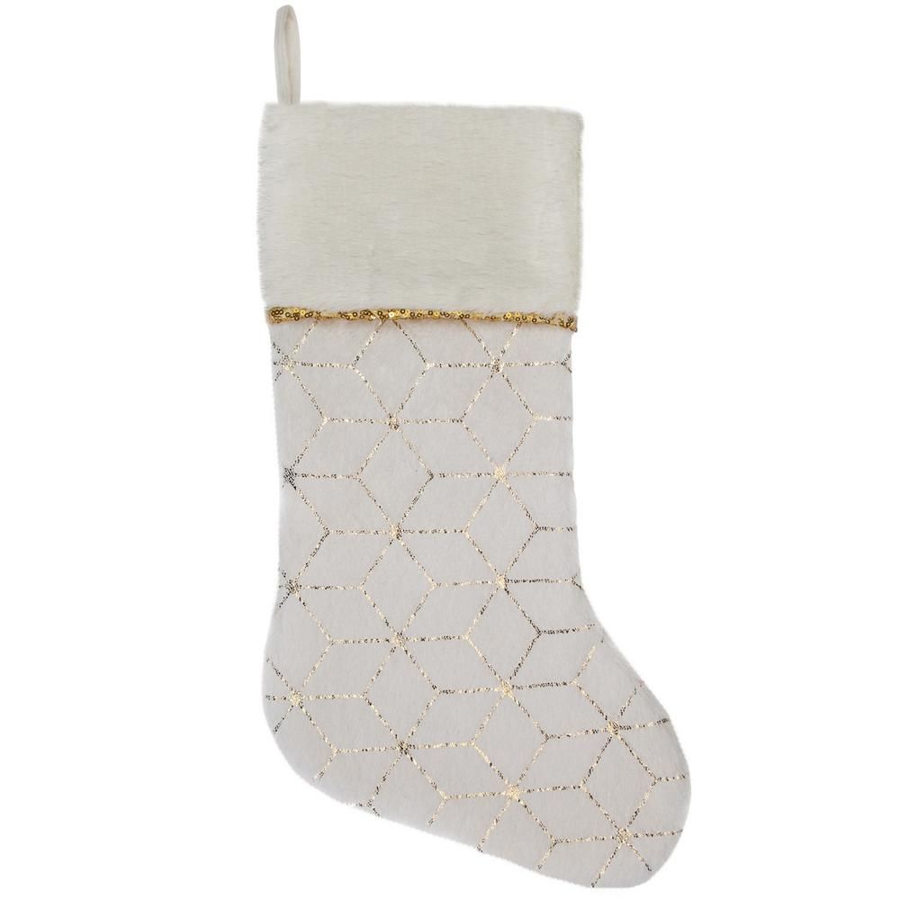 Northlight 20 in. White and Gold Faux Fur Geometric Pattern Christmas Polyester Stocking, White;Gold | The Home Depot