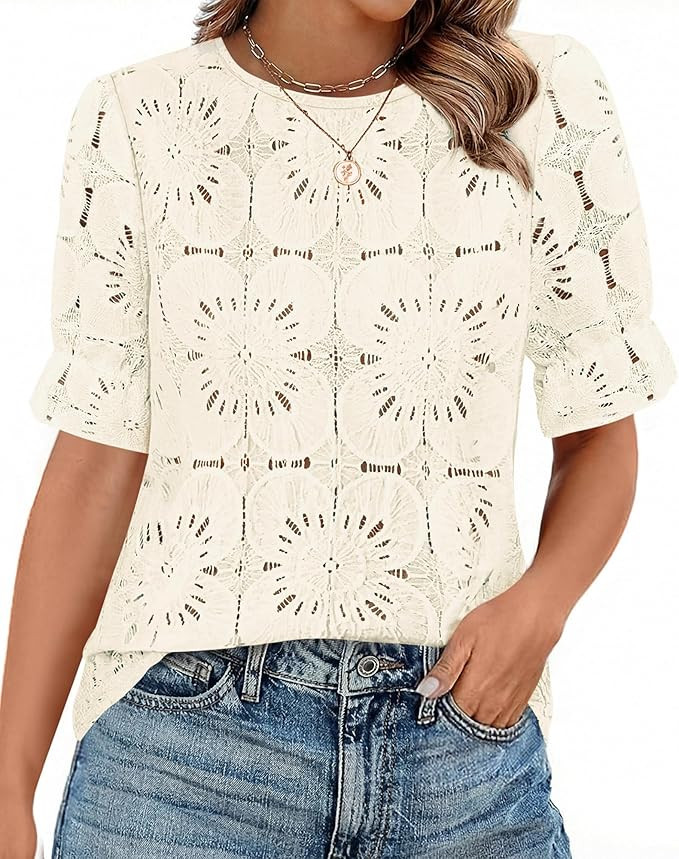KIRUNDO Lace Tops for Women Blouses Dressy Casual Boho Eyelet Puff Short Sleeve Shirts Spring Sum... | Amazon (US)