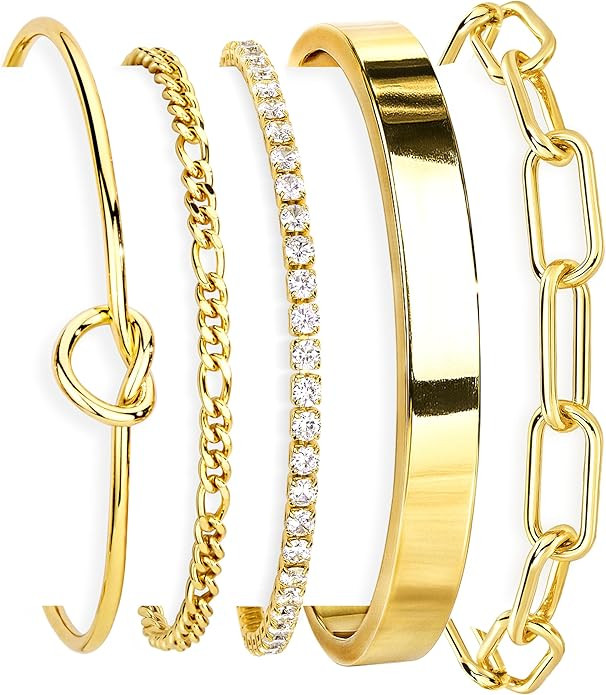 Gold Bracelets Set for Women Non Tarnish, Waterproof 14K Gold Plated Sterling Silver Chunky Cuff ... | Amazon (US)