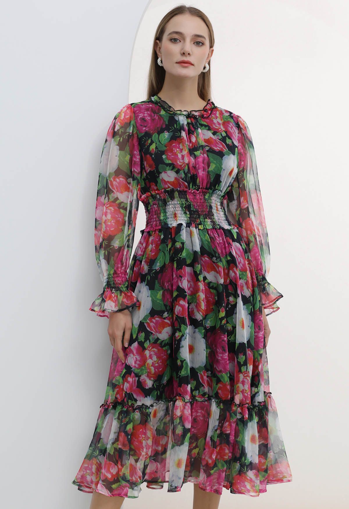 Pink Floral Shirred Waist Chiffon Dress | Chicwish