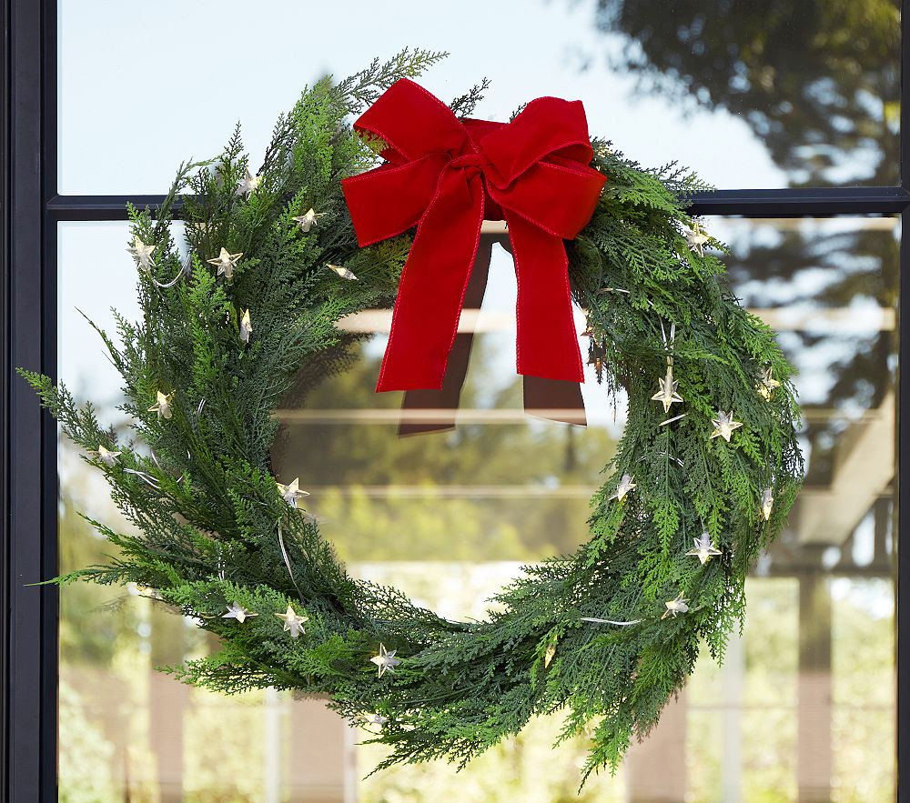 Faux Cedar Outdoor Wreath With Star Lights | Pottery Barn Kids