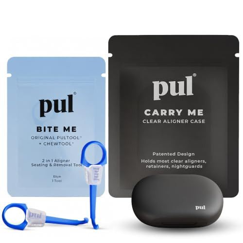 PUL Aligner Care Convenience Kit – Case + 2-in-1 Tool for Invisalign, Retainers, Partial Dentures, Mouth & Night Guards & More – Gray Case & 2-Pack of Blue Aligner Seating Chewie & Removal Tool | Amazon (US)