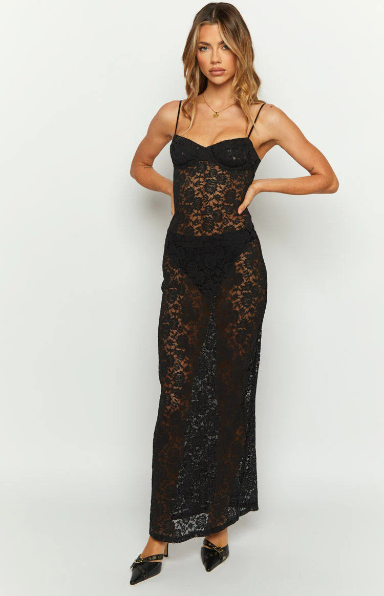 Kama Black Lace Maxi Dress | Beginning Boutique (US)