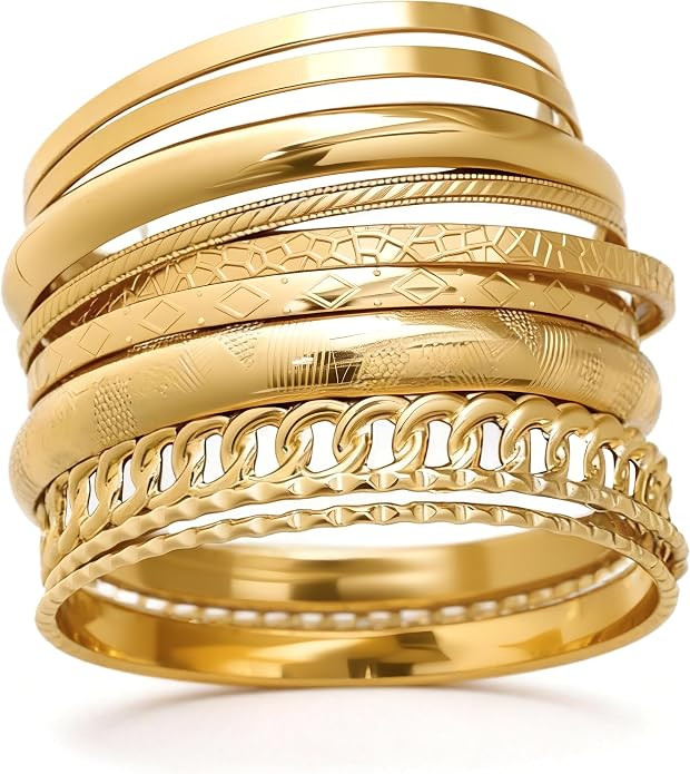 Gold Bangle Bracelets for Women, Indian Bangles Stackable Set, Multi Layer Textured 18K Gold Plat... | Amazon (US)