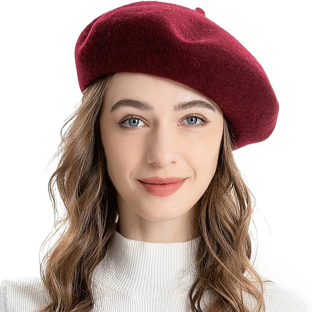 Wool Beret Hat Classic Solid Color French Beret for Women (Burgundy) at Amazon Women’s Clothing... | Amazon (US)