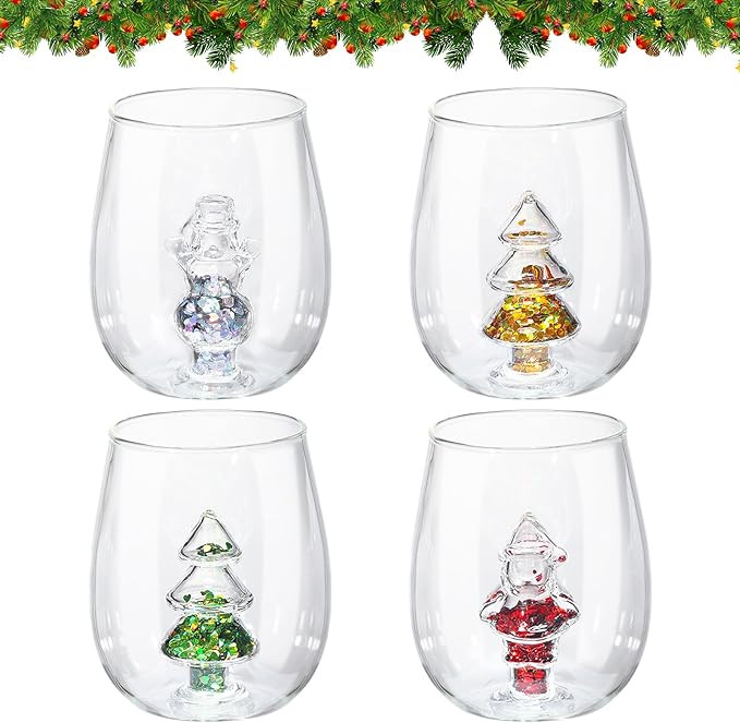 4 Pcs 12oz 3D Crystal Stemless Wine Glass Cup with Christmas Tree Santa Snowman Glitter Christmas... | Amazon (US)