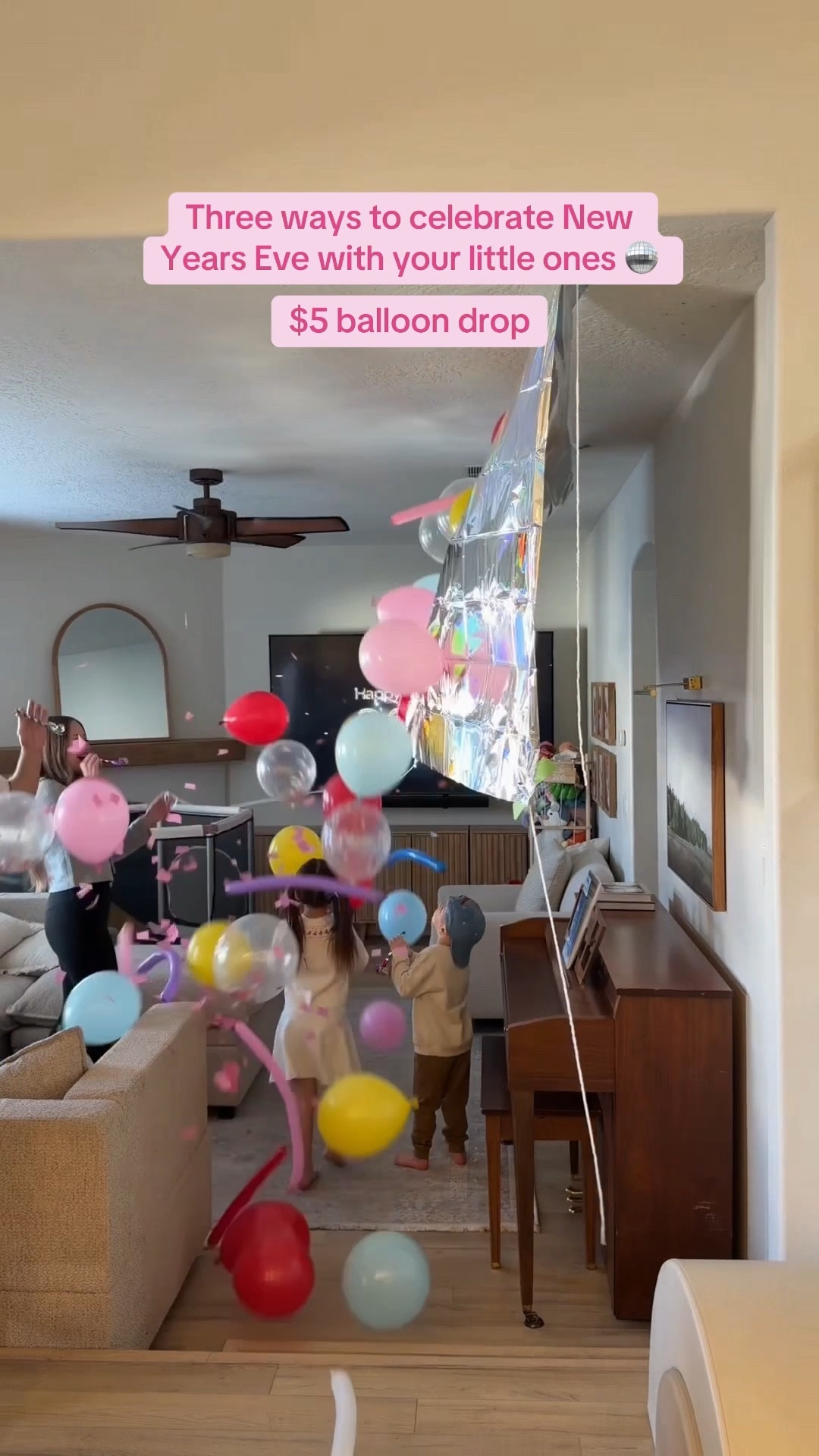 Here are three easy ways to celebrate New Years Eve with your littles!

1. A $5 DIY balloon drop! You can start your new years countdown early if you don’t want them staying up late. So fun and easy to do!

2. New Years countdown: have them pop a balloon every hour until New Years! You can also have them pop a balloon every 5/10/15 minutes etc if you want it to be shorter!

3. Cookies and milk toast: my kids don’t like carbonation so instead of doing sparkling cider we do cookies and milk!

What’s your favorite new years tradition?

#motherhood #toddlermomlife #sahm 

#LTKmomlife #LTKBaby #LTKKids