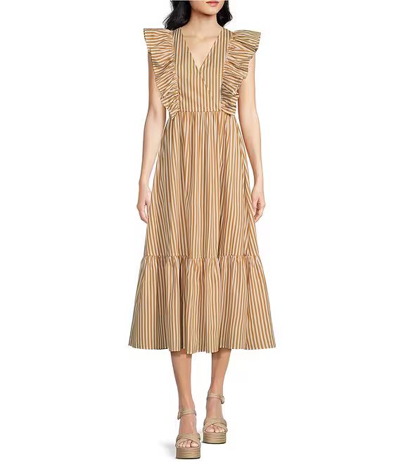 Luna Striped Poplin Surplice V Neck Sleeveless Midi Dress | Dillard's