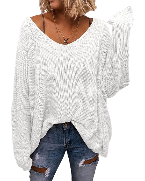 BZB Women's V Neck Long Sleeve Knit Loose Oversized Pullover Sweater Top | Amazon (US)