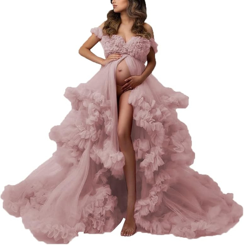 Maternity Tulle Robe Long Puffy Gown for Photoshoot V Neck Bathrobes for Women Sheer Robe Nightgown | Amazon (US)