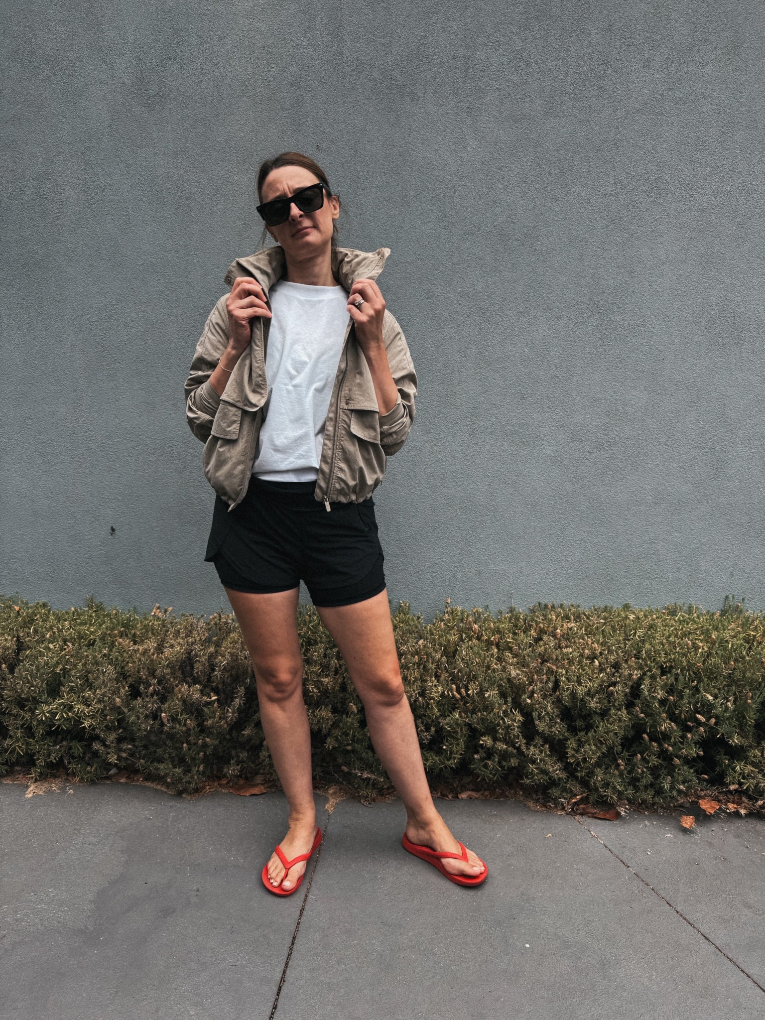 Shorts - Lululemon (old). Wearing my usual size 
Tee - Uniqlo. Sized up to a medium 
Jacket - Lululemon. Sized up to a medium 
Thongs - Archie’s footwear. Tts 

#LTKsummer #LTKnewzealand #LTKaustralia