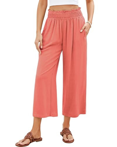 GRAPENT Wide Leg Linen Elastic Waist Pants for Women High Waisted Wide Leg Linen Pants Women Summer Capri Pant Trousers Coral Size Large US Size 12-14 | Amazon (US)