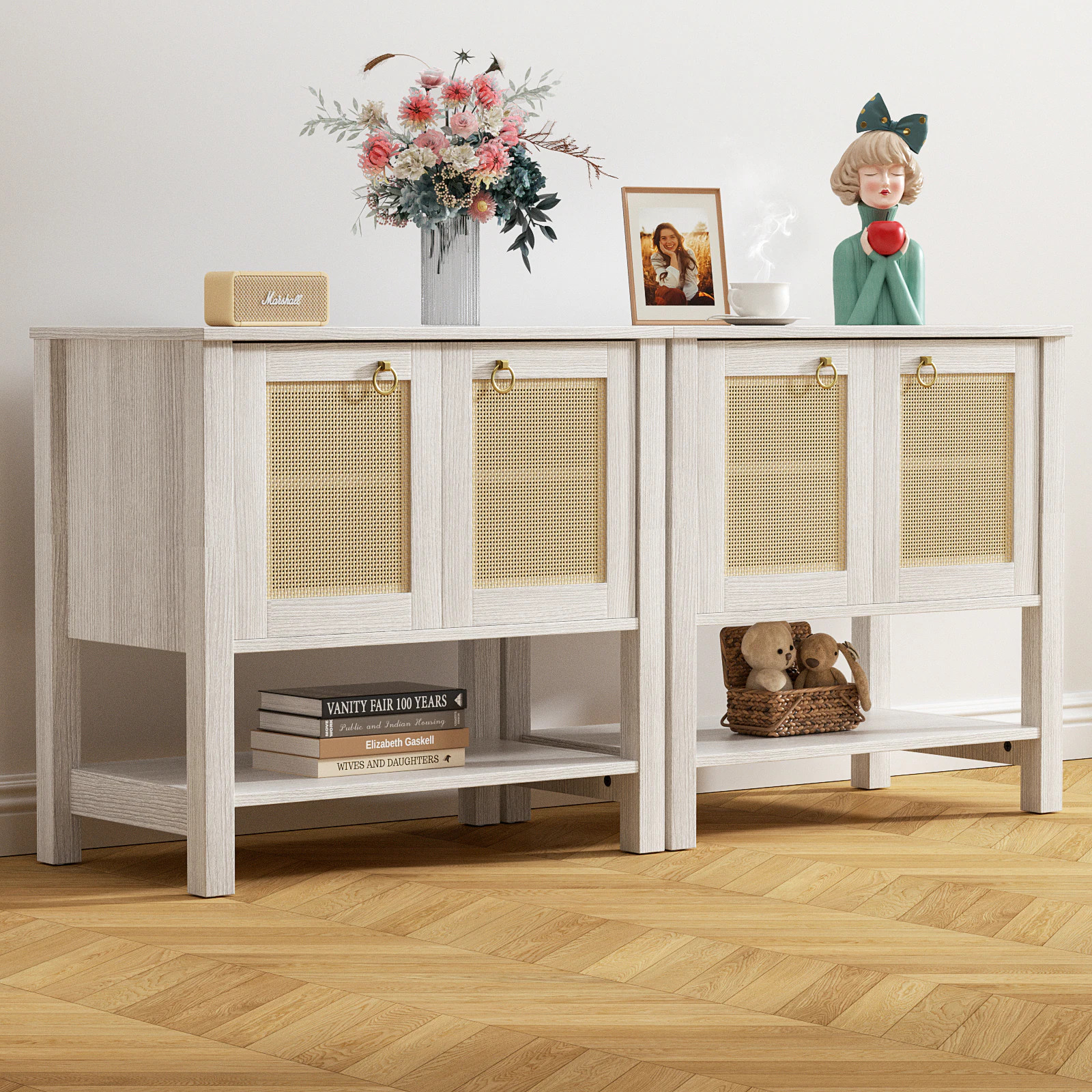 LOVMOR Large Rattan Night Stand Set of 2 Boho Nightstand with Doors and Storage Shelf White Cream Oak Bedside Table End Table Narrow Side Table for | Lowe's