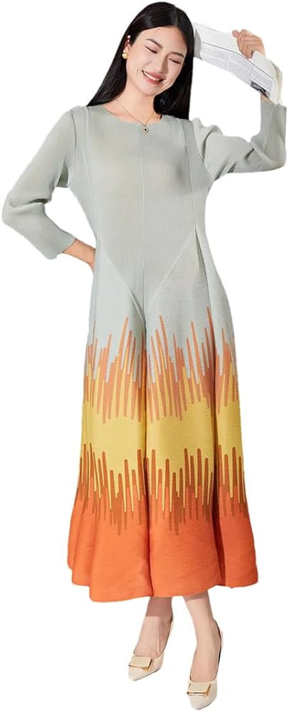 Pulcykp Women Pleated Long Sleeved Printed Round Neck Dress Pleated Long A-Line Personalized Dres... | Amazon (US)