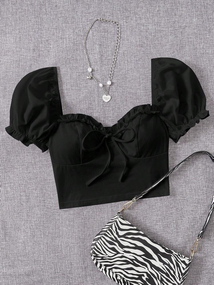 SHEIN Tie Front Frill Trim Puff Sleeve Crop Top | SHEIN