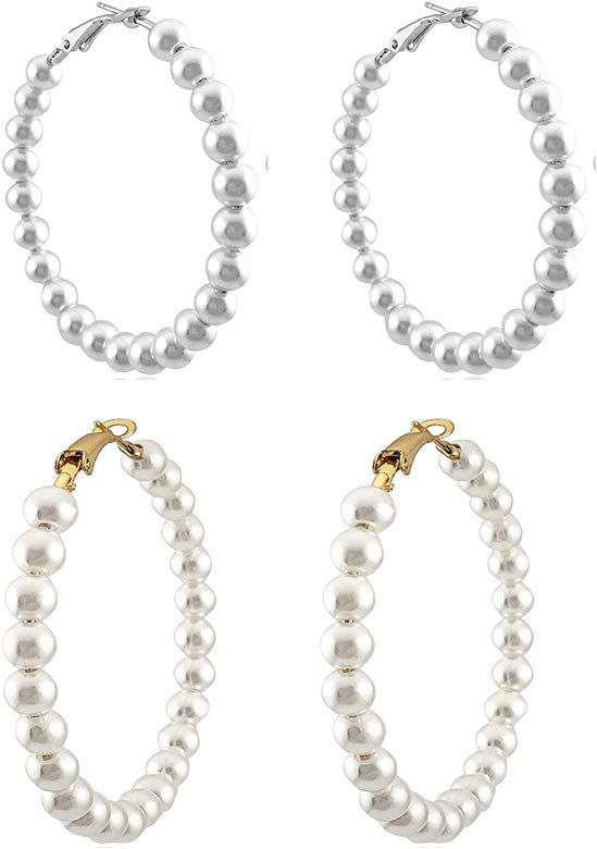 Pearl Hoop Earrings for Women, Faux Pearl Hoop Circle Dangle Drop Earrings, Lightweight Hypoaller... | Amazon (US)